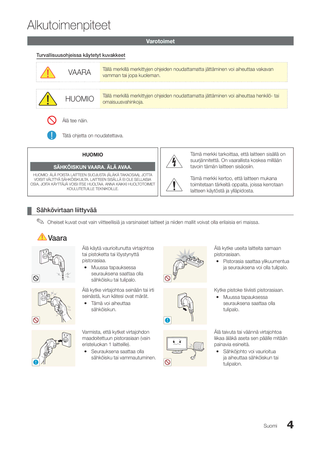 Samsung LT27A300EW/XE, LT22A300EW/XE manual Alkutoimenpiteet, Sähkövirtaan liittyvää, Varotoimet 