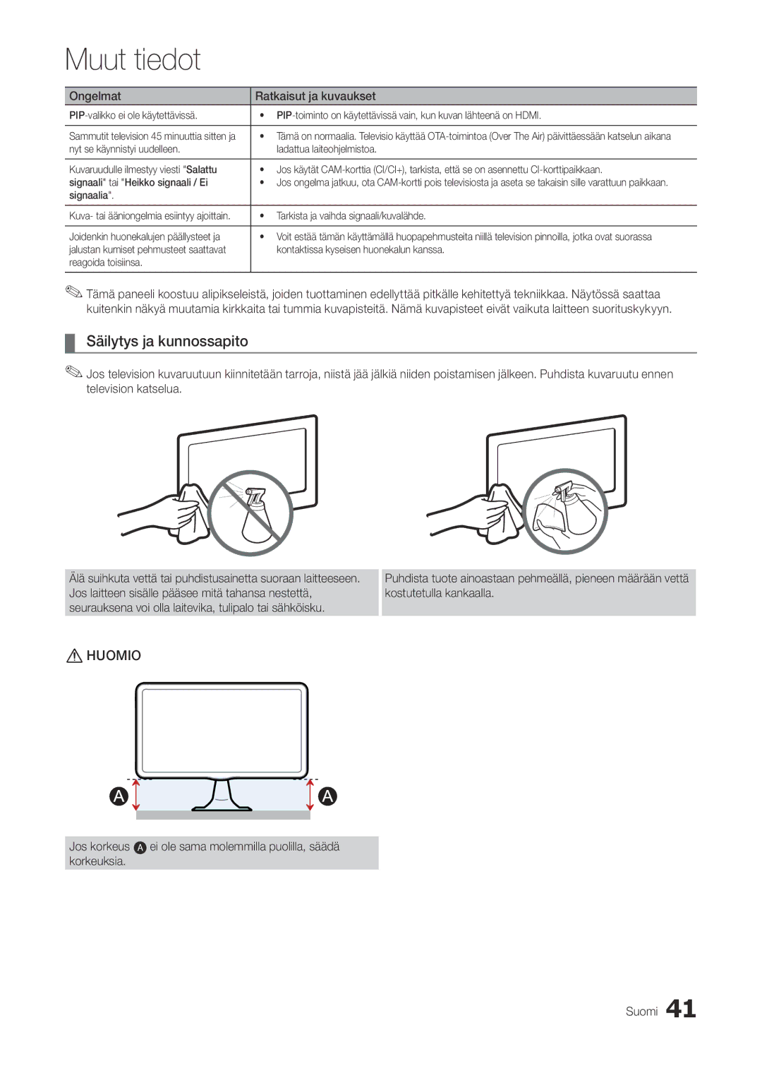 Samsung LT22A300EW/XE, LT27A300EW/XE manual Säilytys ja kunnossapito, Ei ole sama molemmilla puolilla, säädä Suomi 