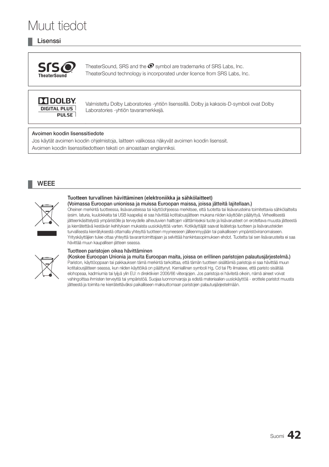 Samsung LT27A300EW/XE, LT22A300EW/XE manual Lisenssi, Weee 