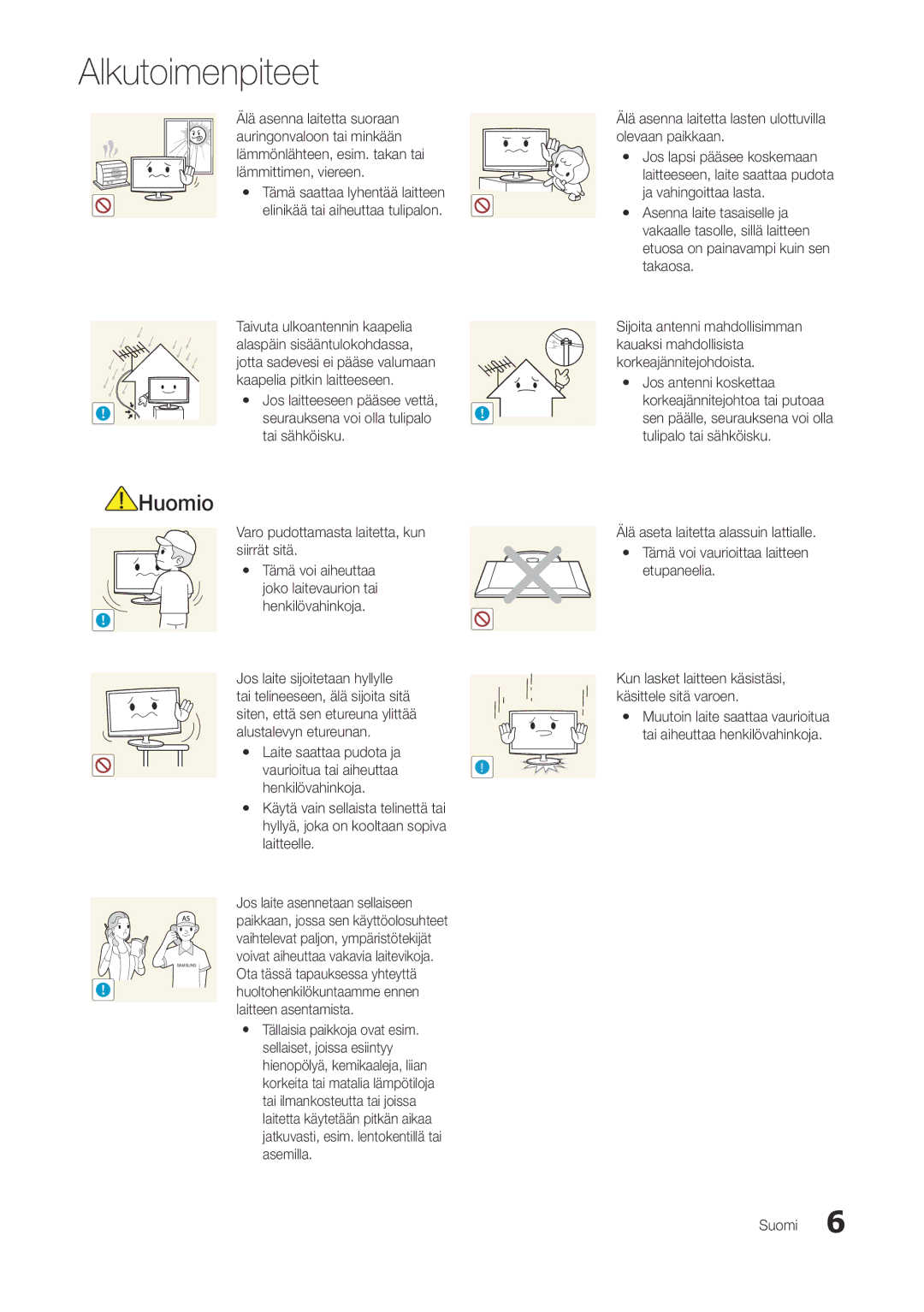 Samsung LT27A300EW/XE manual Tai sähköisku, Varo pudottamasta laitetta, kun siirrät sitä, Huoltohenkilökuntaamme ennen 