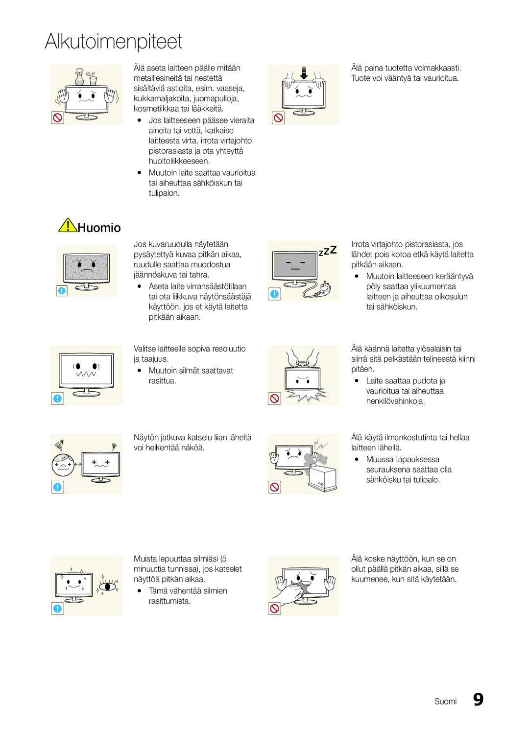 Samsung LT22A300EW/XE, LT27A300EW/XE manual Alkutoimenpiteet 