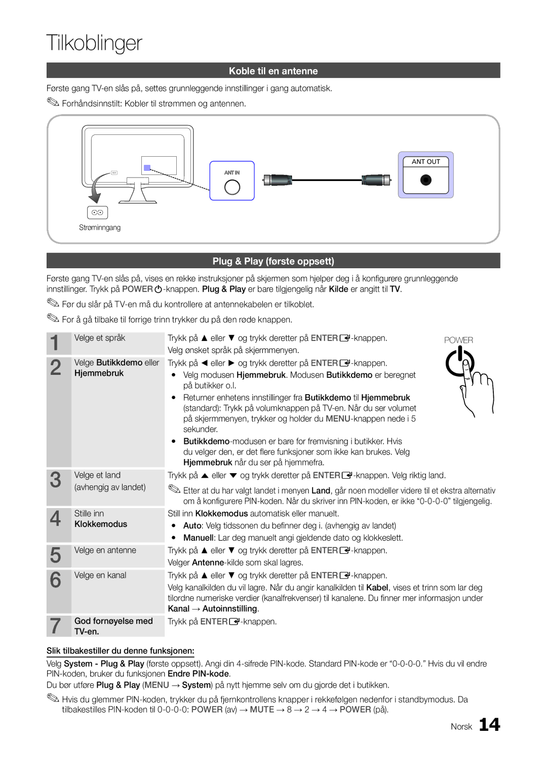 Samsung LT27A300EW/XE, LT22A300EW/XE manual Tilkoblinger, Koble til en antenne, Plug & Play første oppsett 