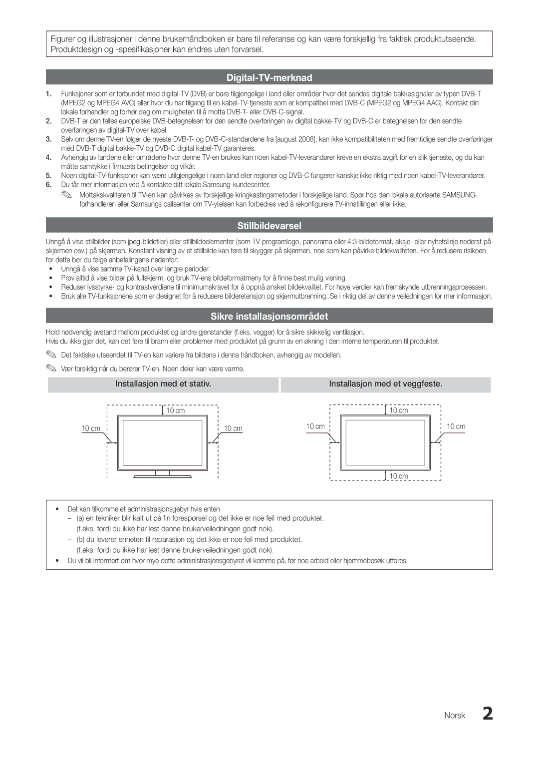 Samsung LT27A300EW/XE, LT22A300EW/XE manual Installasjon med et veggfeste, Norsk 