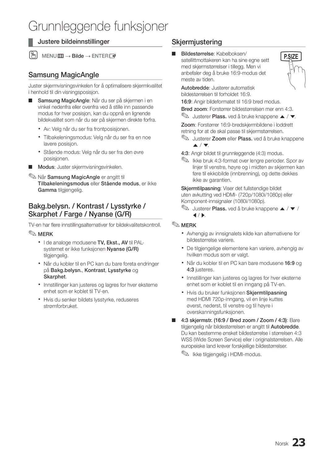 Samsung LT22A300EW/XE, LT27A300EW/XE manual Samsung MagicAngle, Skjermjustering, Justere bildeinnstillinger 