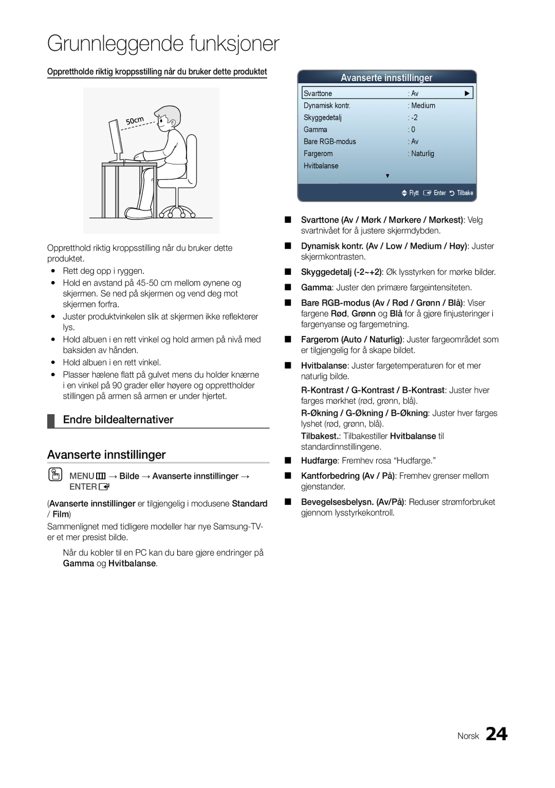 Samsung LT27A300EW/XE, LT22A300EW/XE manual Endre bildealternativer, OO MENUm→ Bilde → Avanserte innstillinger → 