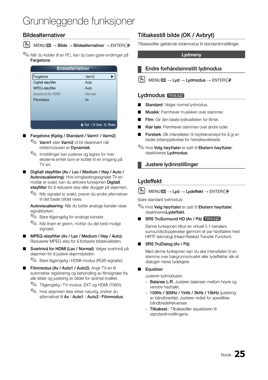 Samsung LT22A300EW/XE, LT27A300EW/XE manual Bildealternativer, Tilbakestill bilde OK / Avbryt, Lydmodus t, Lydeffekt 