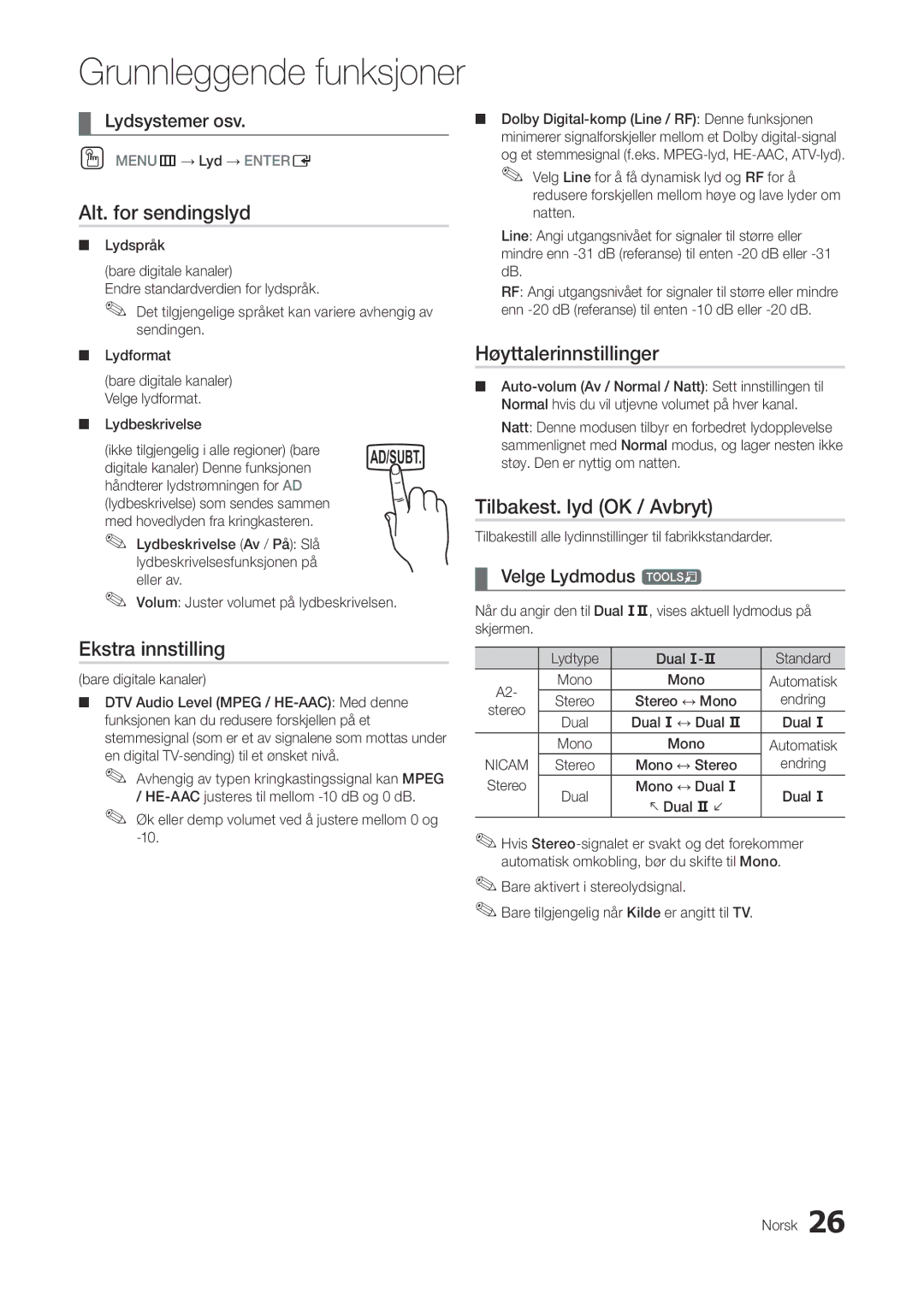 Samsung LT27A300EW/XE manual Alt. for sendingslyd, Ekstra innstilling, Høyttalerinnstillinger, Tilbakest. lyd OK / Avbryt 