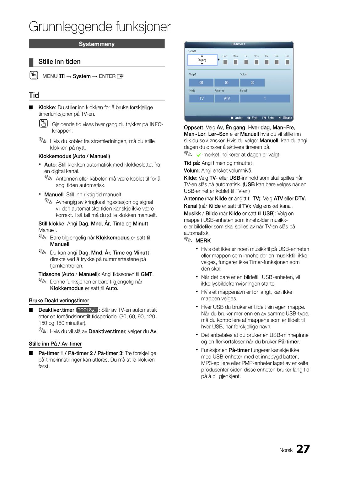 Samsung LT22A300EW/XE, LT27A300EW/XE manual Tid, Stille inn tiden, Systemmeny, OO MENUm→ System → Entere 