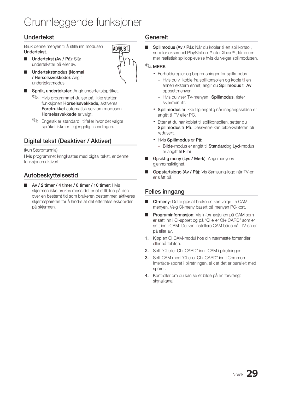 Samsung LT22A300EW/XE manual Undertekst, Digital tekst Deaktiver / Aktiver, Autobeskyttelsestid, Generelt, Felles inngang 