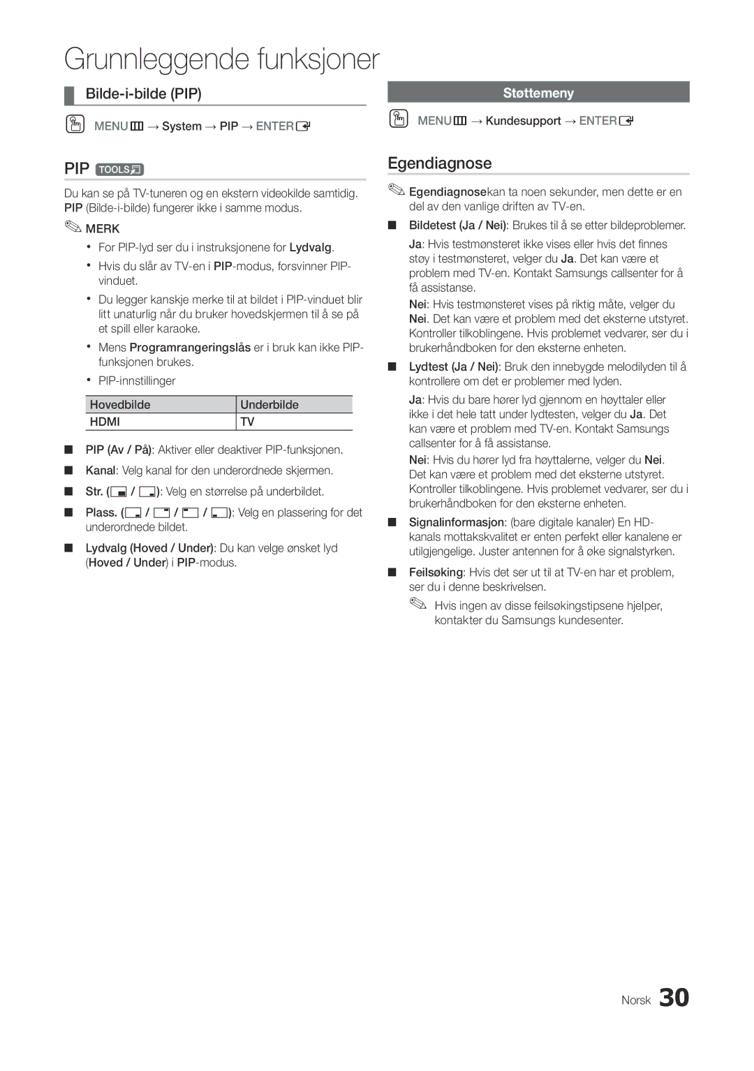 Samsung LT27A300EW/XE, LT22A300EW/XE manual PIP t, Egendiagnose, Støttemeny 