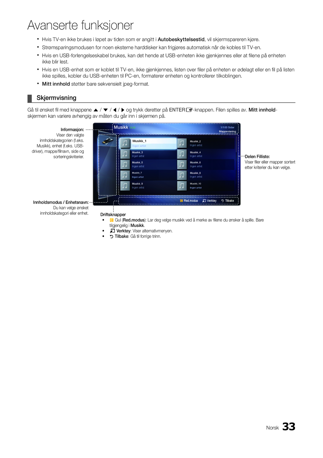 Samsung LT22A300EW/XE, LT27A300EW/XE manual Skjermvisning, MusikkSUM 