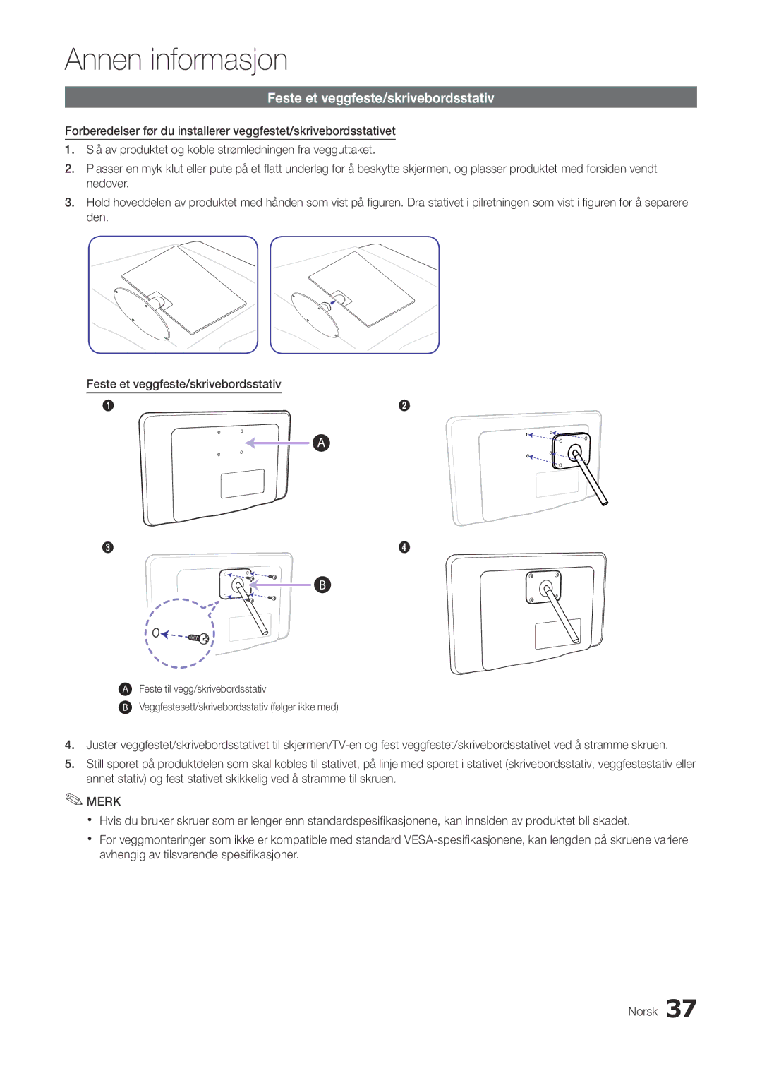 Samsung LT22A300EW/XE, LT27A300EW/XE manual Feste et veggfeste/skrivebordsstativ 