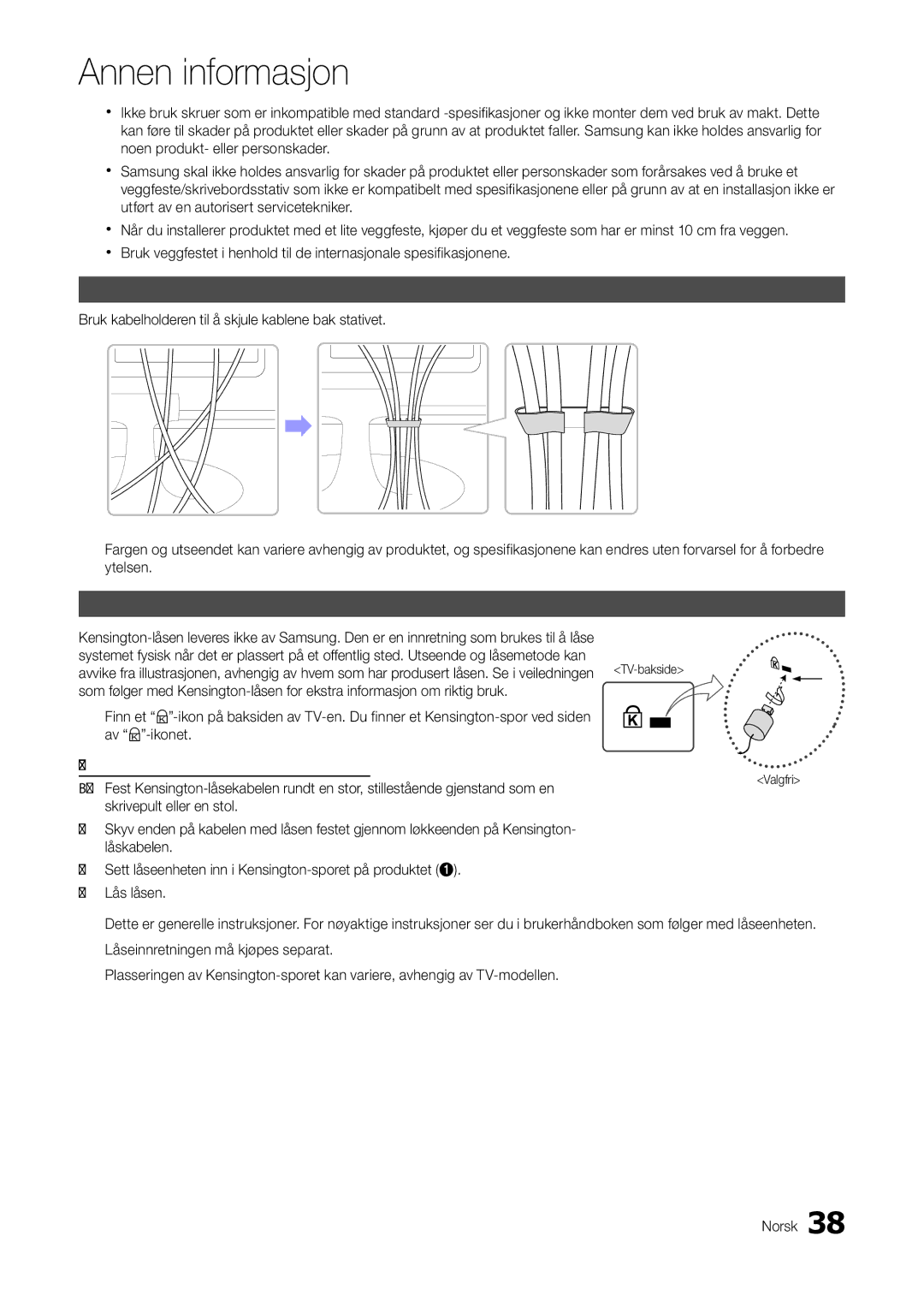 Samsung LT27A300EW/XE, LT22A300EW/XE manual Montere kablene, Antityverilås fra Kensington 