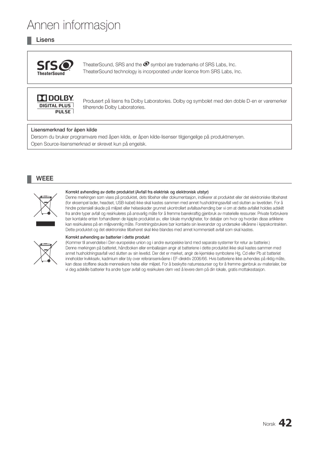 Samsung LT27A300EW/XE, LT22A300EW/XE manual Lisens, Weee 