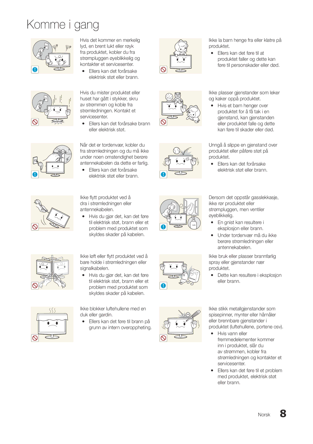 Samsung LT27A300EW/XE, LT22A300EW/XE manual Yy Ellers kan det forårsake brann eller elektrisk støt 