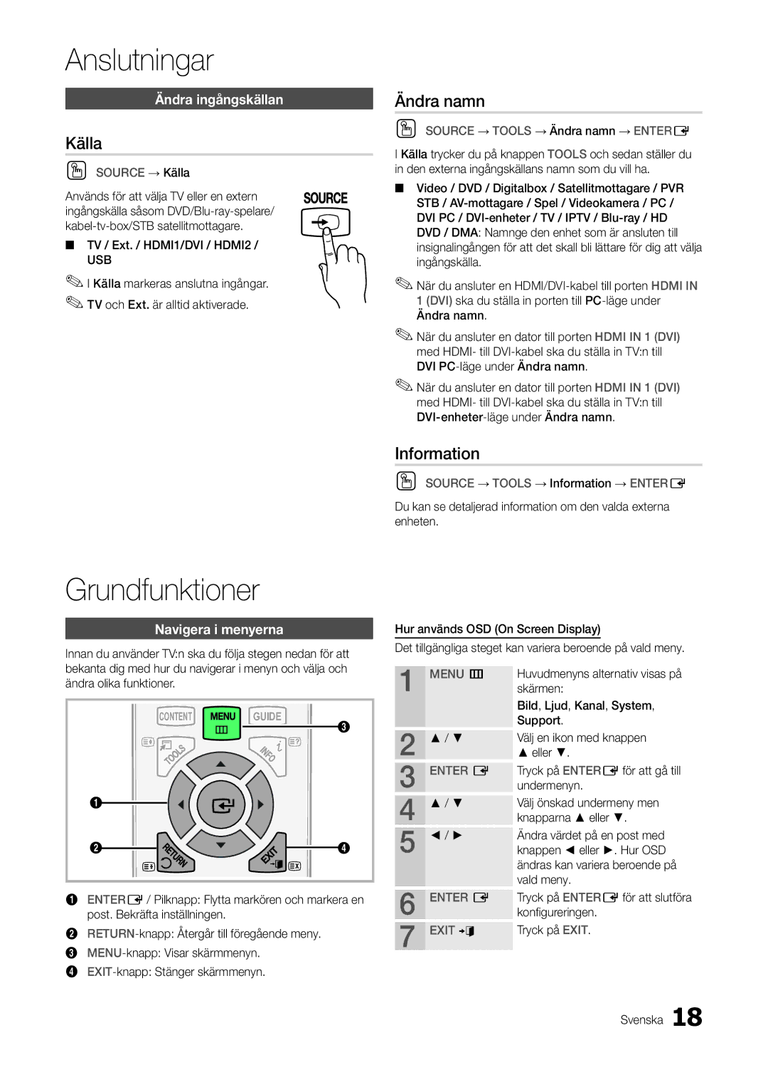 Samsung LT27A300EW/XE, LT22A300EW/XE manual Grundfunktioner, Källa, Ändra namn, Information 