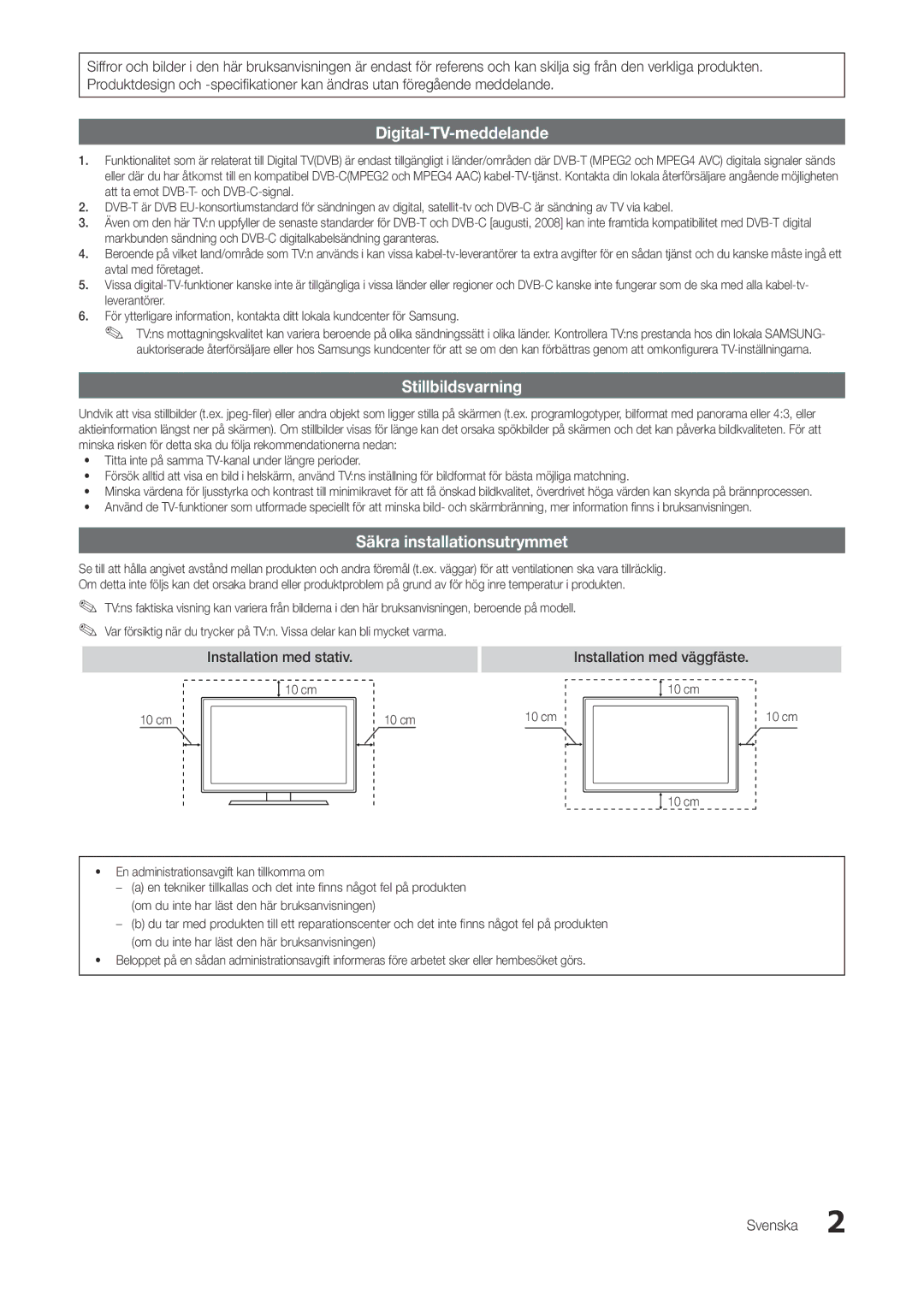 Samsung LT27A300EW/XE, LT22A300EW/XE manual Installation med väggfäste, Svenska 