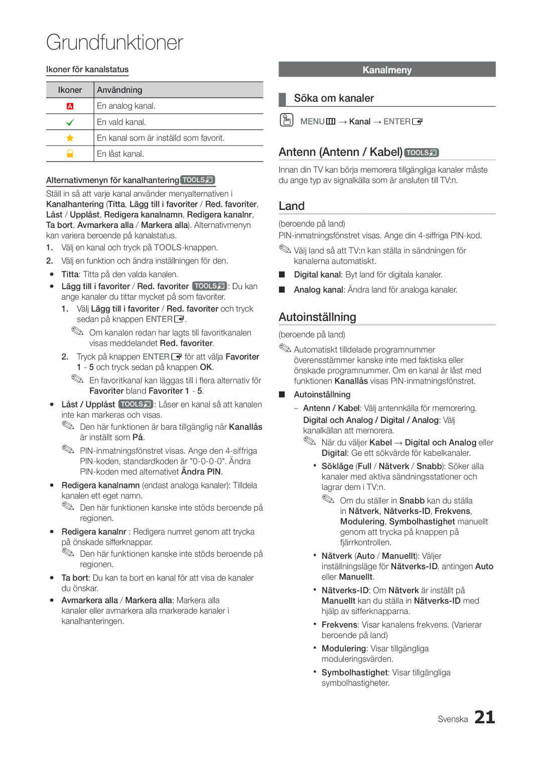 Samsung LT22A300EW/XE, LT27A300EW/XE manual Antenn Antenn / Kabelt, Land, Autoinställning, Kanalmeny 