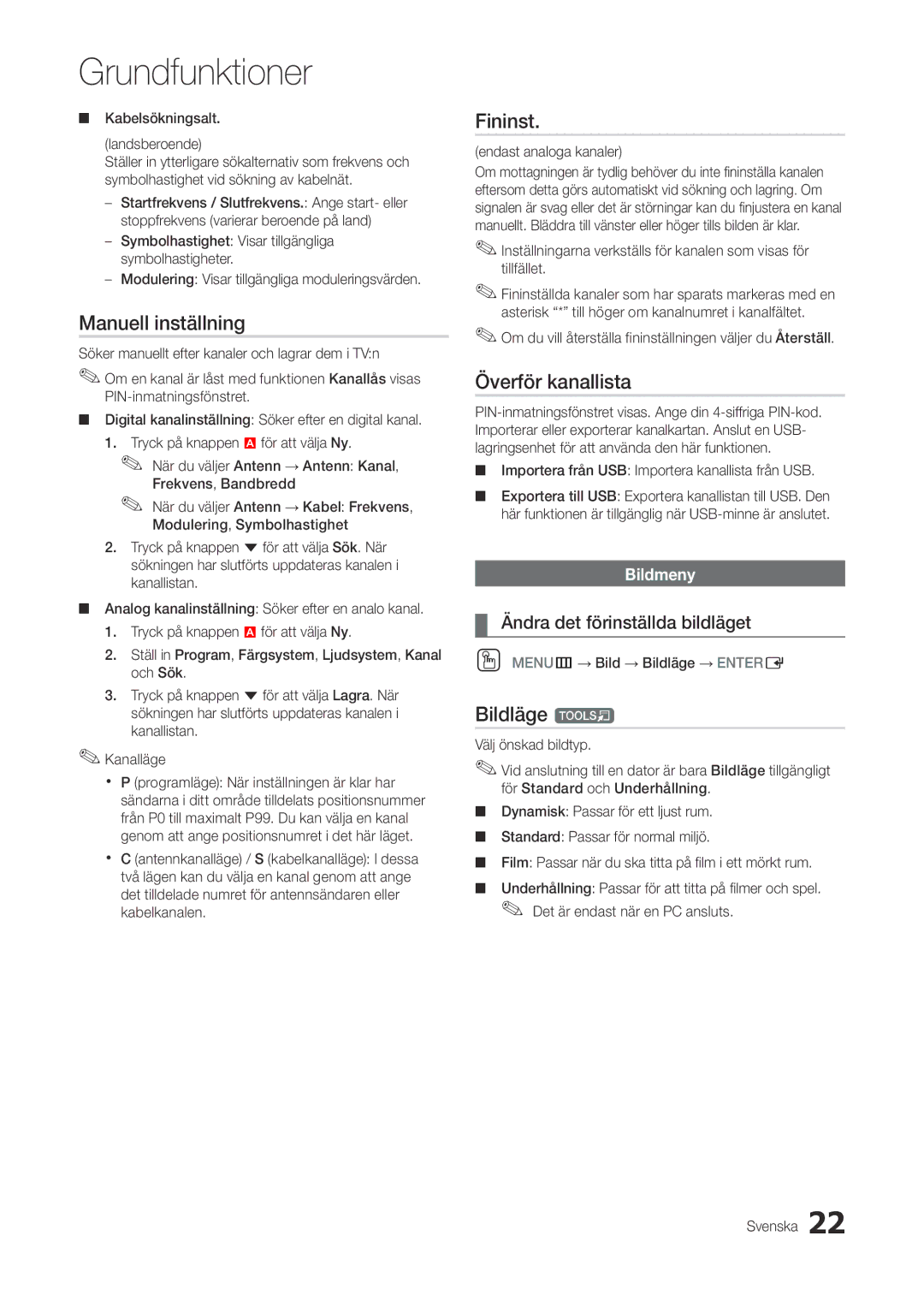 Samsung LT27A300EW/XE, LT22A300EW/XE manual Manuell inställning, Fininst, Överför kanallista, Bildläge t, Bildmeny 
