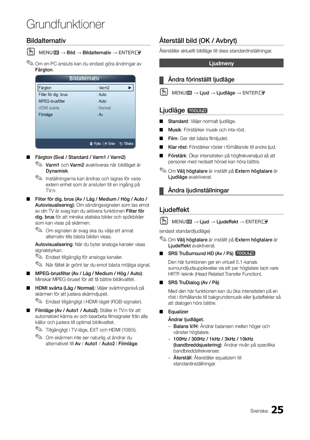 Samsung LT22A300EW/XE, LT27A300EW/XE manual Bildalternativ, Återställ bild OK / Avbryt, Ljudläge t, Ljudeffekt 