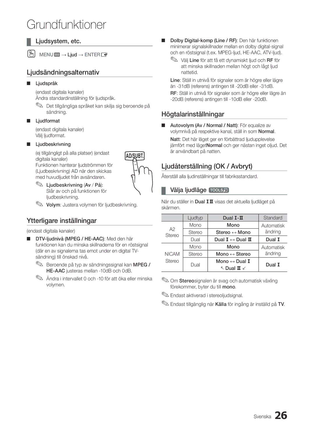 Samsung LT27A300EW/XE, LT22A300EW/XE manual Ljudsändningsalternativ, Ytterligare inställningar, Högtalarinställningar 