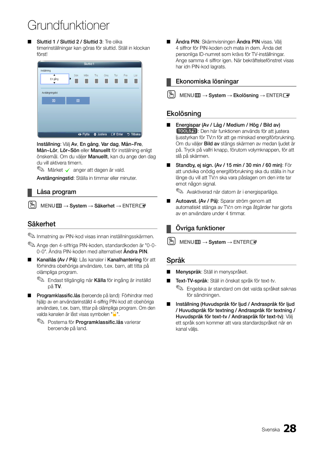 Samsung LT27A300EW/XE, LT22A300EW/XE manual Säkerhet, Ekolösning, Språk 