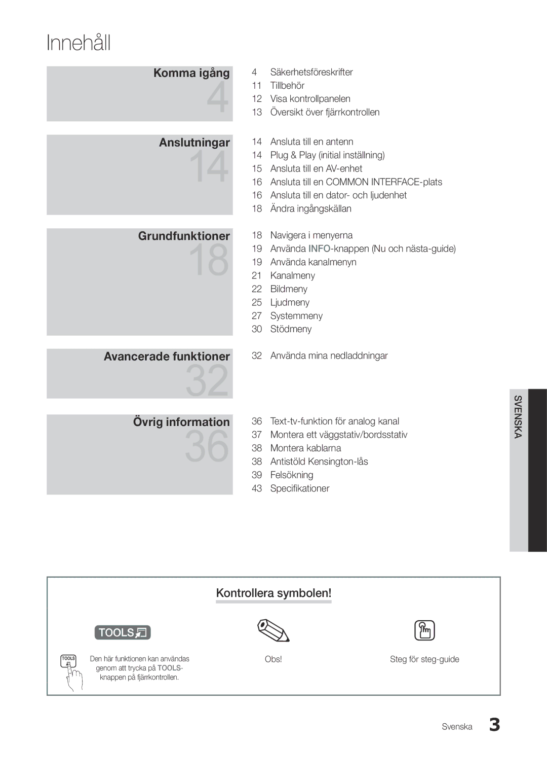 Samsung LT22A300EW/XE, LT27A300EW/XE manual Innehåll, Kontrollera symbolen, Obs 