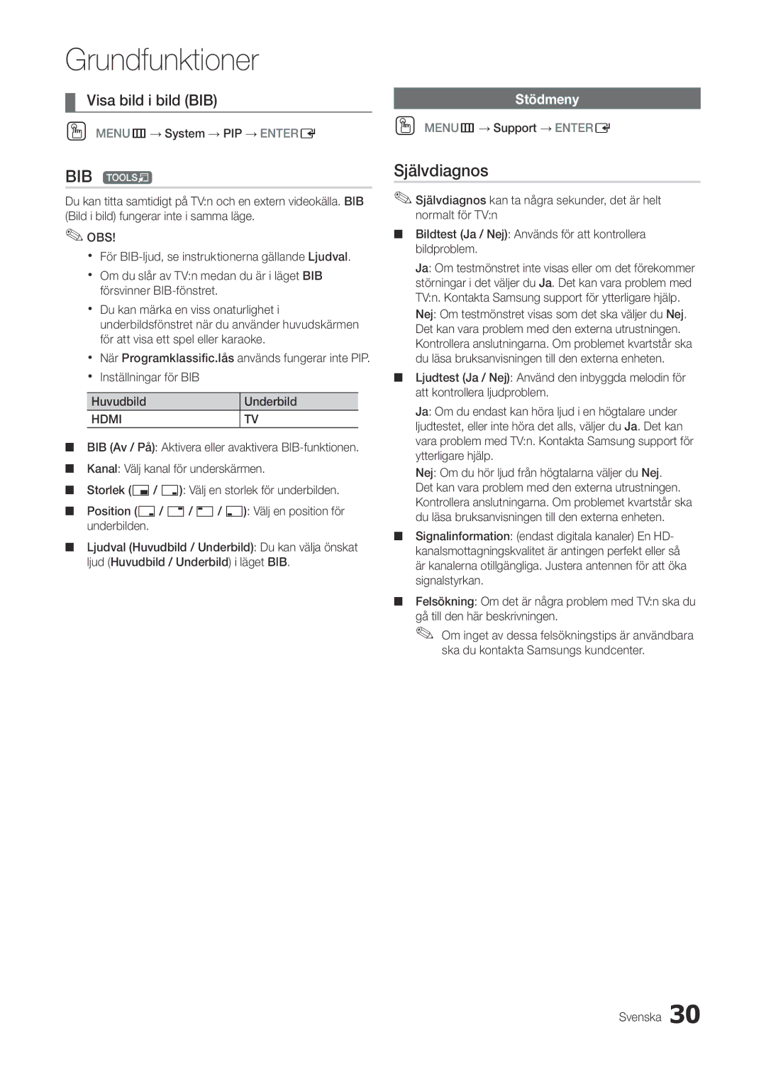 Samsung LT27A300EW/XE manual BIB t, Självdiagnos, Stödmeny, OO MENUm→ System → PIP → Entere, OO MENUm→ Support → Entere 