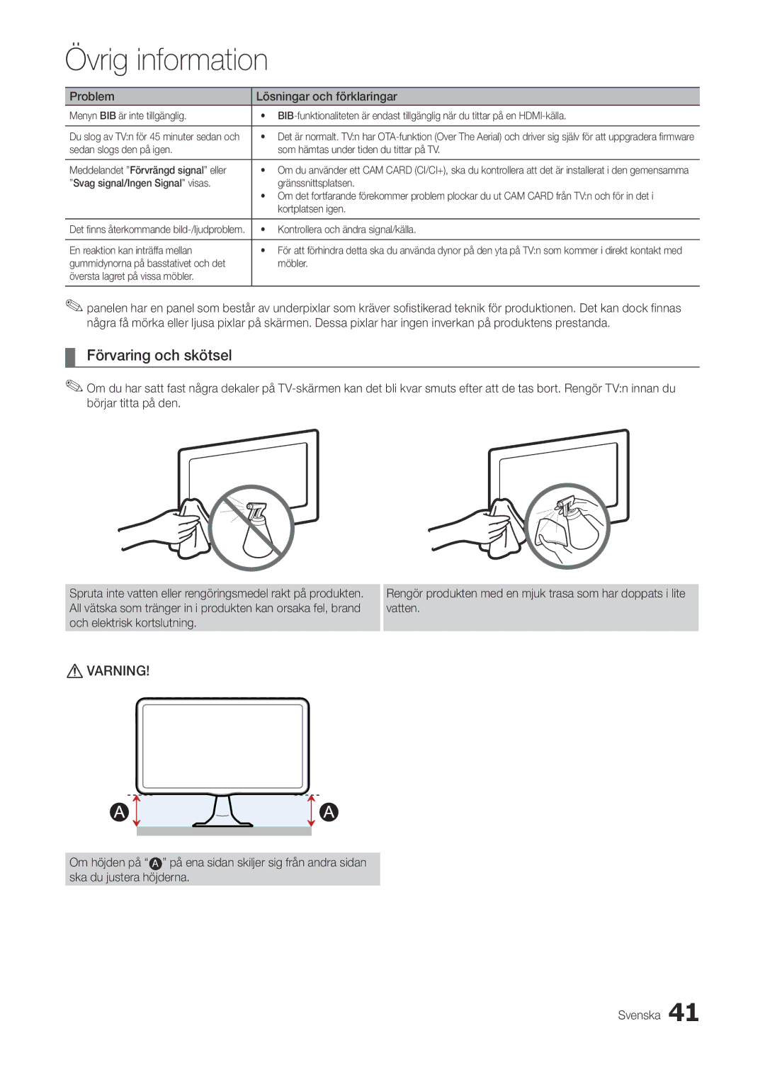 Samsung LT22A300EW/XE, LT27A300EW/XE manual Förvaring och skötsel 