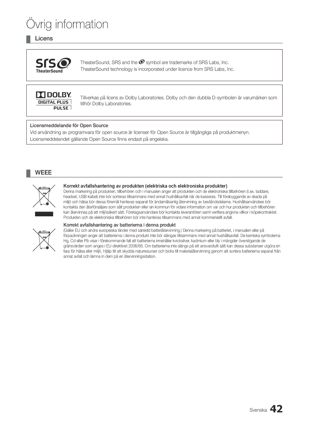 Samsung LT27A300EW/XE, LT22A300EW/XE manual Licens, Korrekt avfallshantering av batterierna i denna produkt 