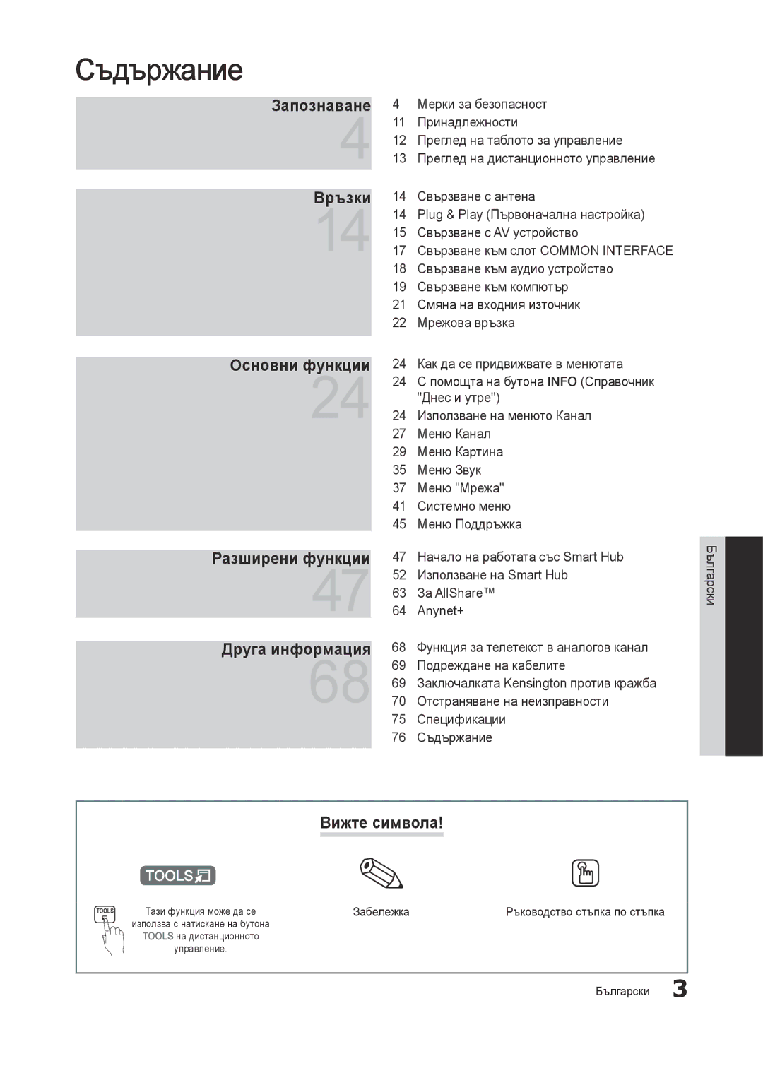 Samsung LT27B750EW/EN manual Запознаване Връзки, Основни функции, Разширени функции, Друга информация, Вижте символа 