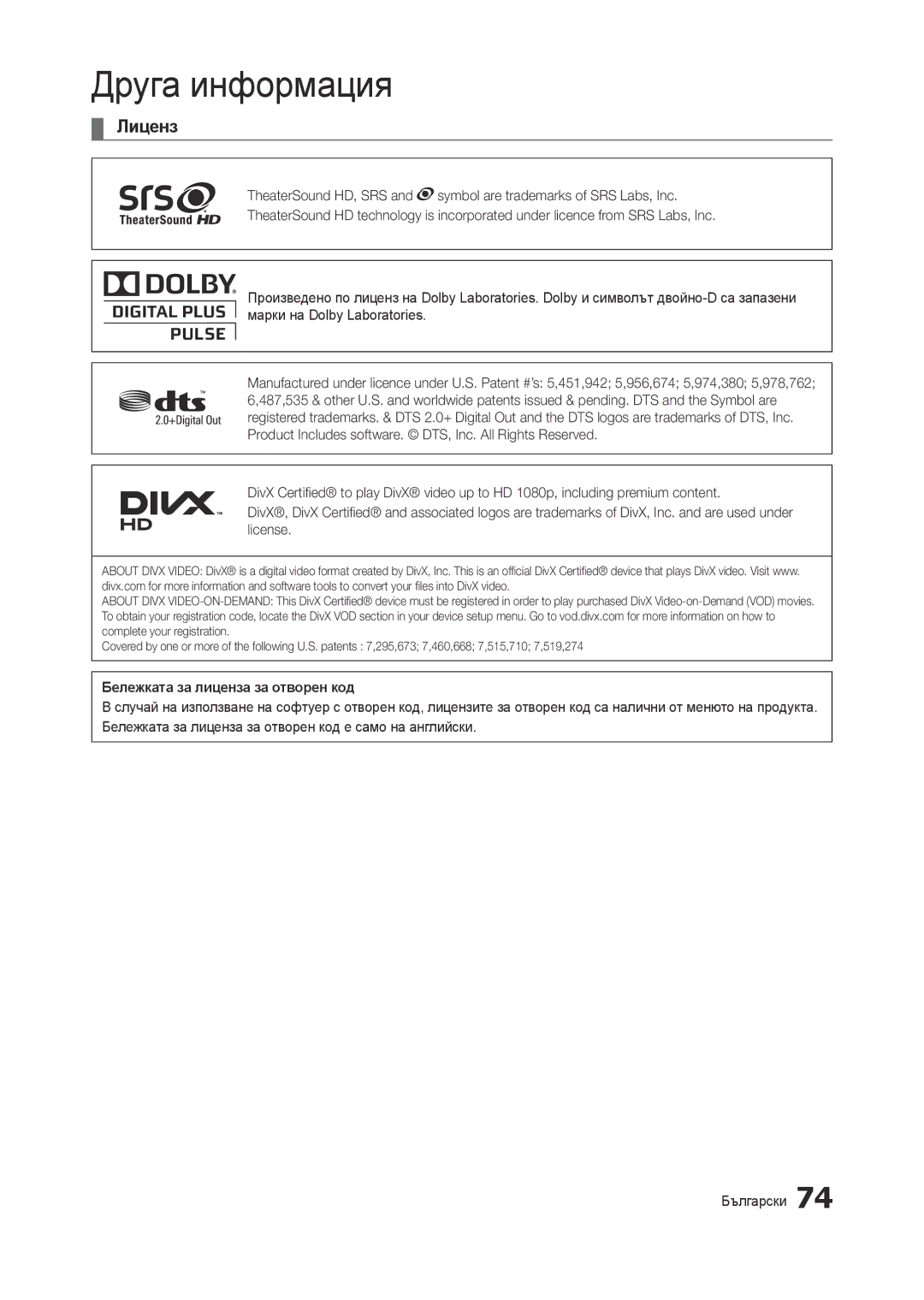 Samsung LT27A950EX/EN, LT27A750EX/EN, LT23A750EX/EN, LT27B750EW/EN manual Лиценз, Бележката за лиценза за отворен код 