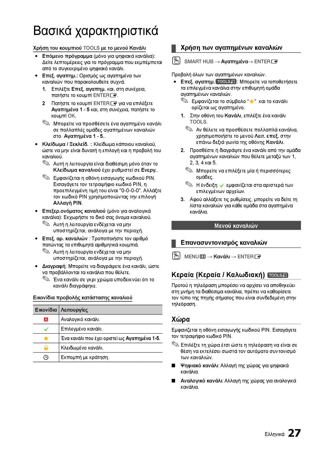 Samsung LT27B750EW/EN manual Κεραία Κεραία / Καλωδιακή t, Χώρα, Χρήση των αγαπημένων καναλιών, Επανασυντονισμός καναλιών 