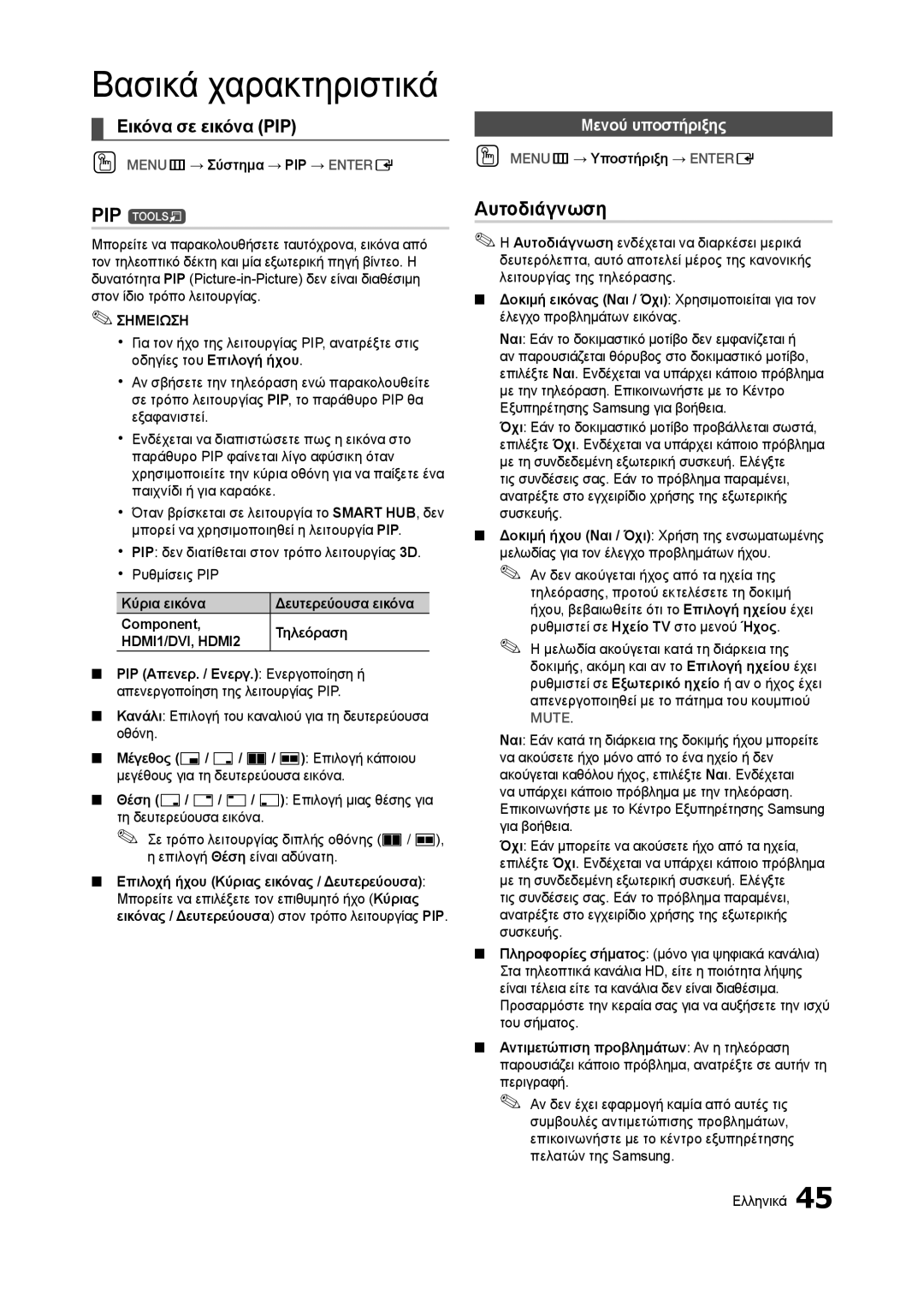 Samsung LT23A750EX/EN, LT27A750EX/EN, LT27A950EX/EN manual PIP t, Αυτοδιάγνωση, Εικόνα σε εικόνα PIP, Μενού υποστήριξης 