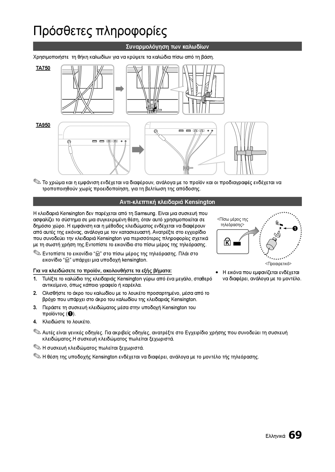 Samsung LT23A750EX/EN, LT27A750EX/EN manual Συναρμολόγηση των καλωδίων, Αντι-κλεπτική κλειδαριά Kensington, TA750 TA950 