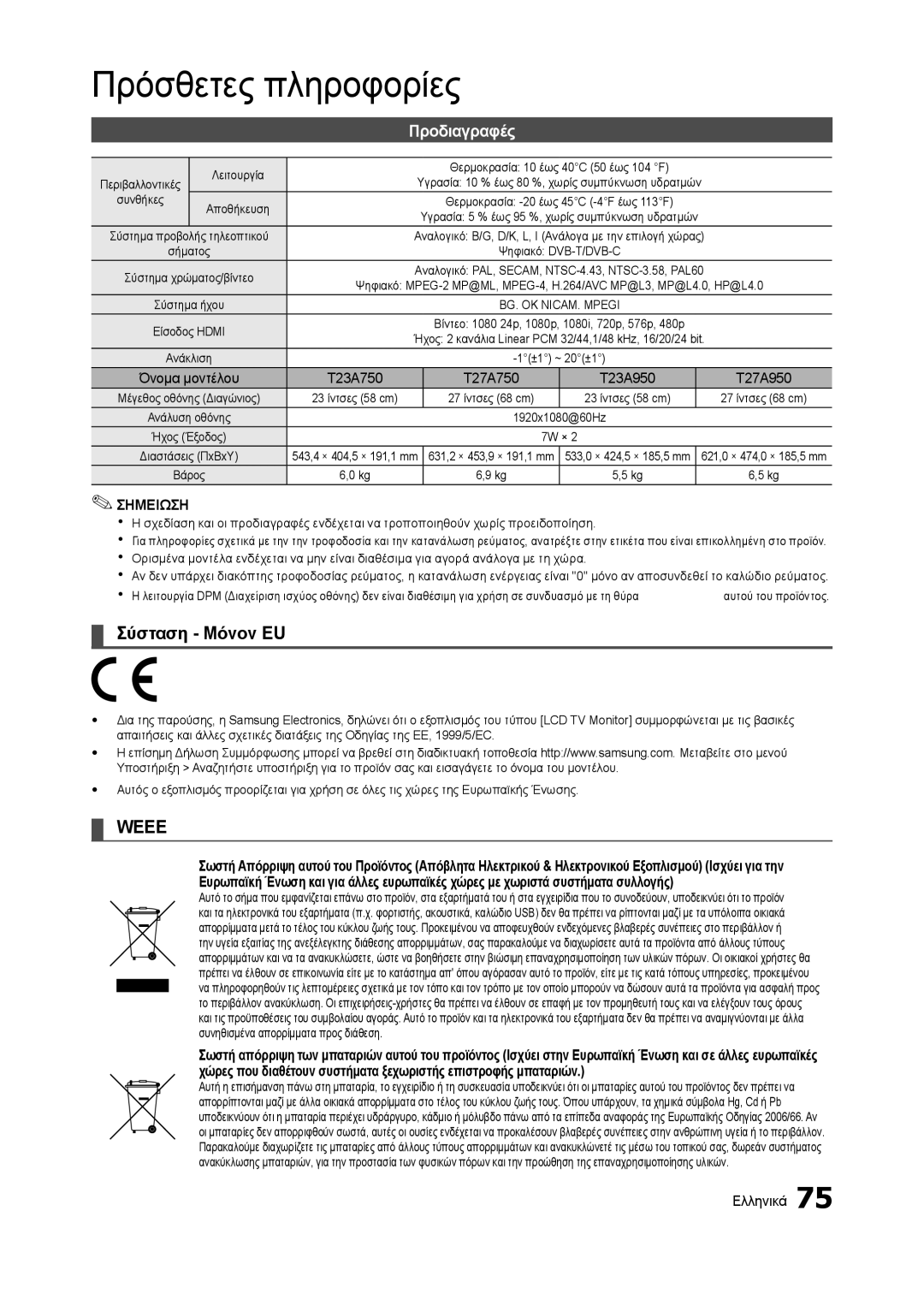 Samsung LT27B750EW/EN, LT27A750EX/EN manual Σύσταση Μόνον EU, Προδιαγραφές, Όνομα μοντέλου T23A750 T27A750 T23A950 T27A950 