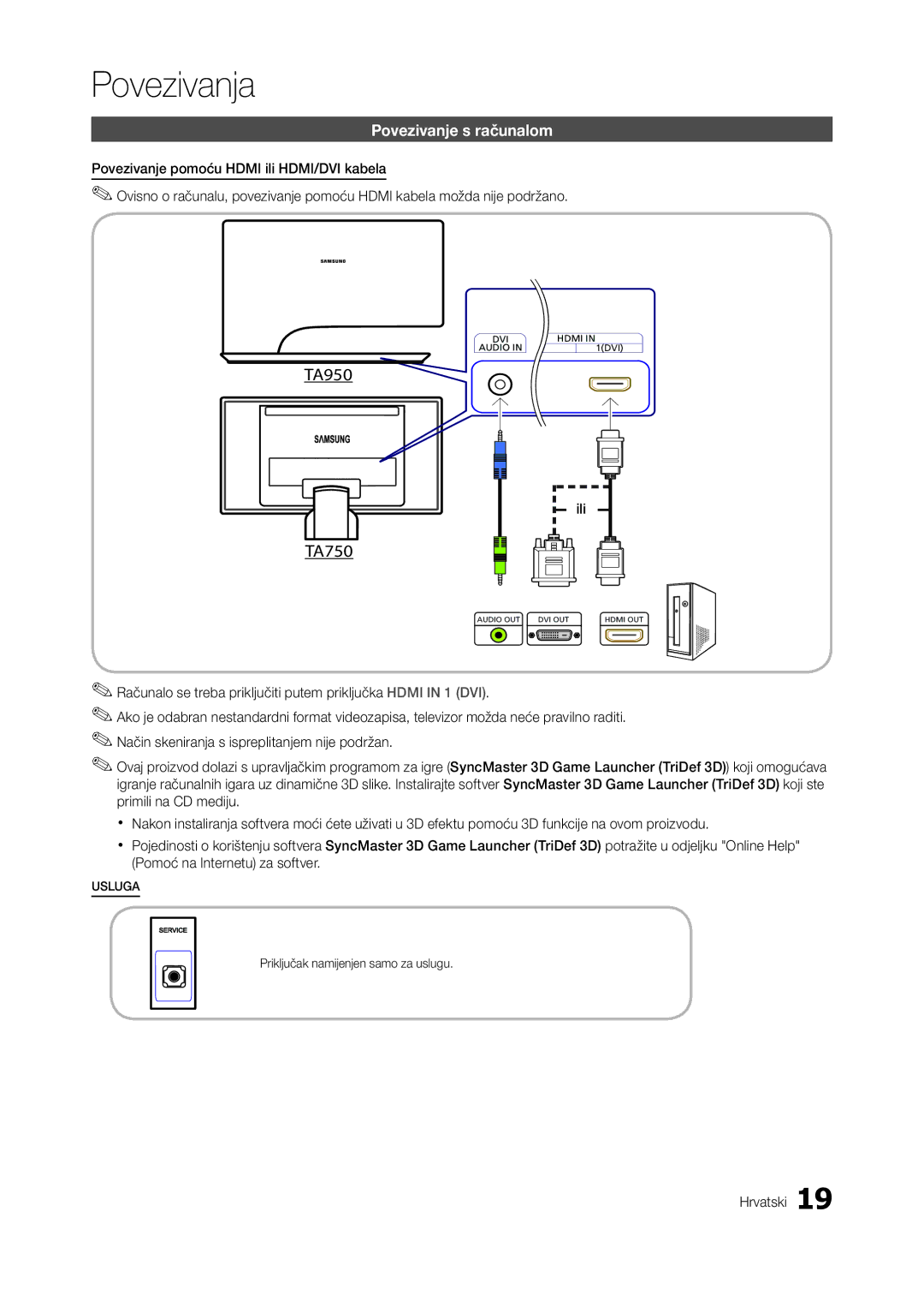 Samsung LT27B750EW/EN, LT27A750EX/EN manual TA950, TA750, Povezivanje s računalom, Ili, Priključak namijenjen samo za uslugu 