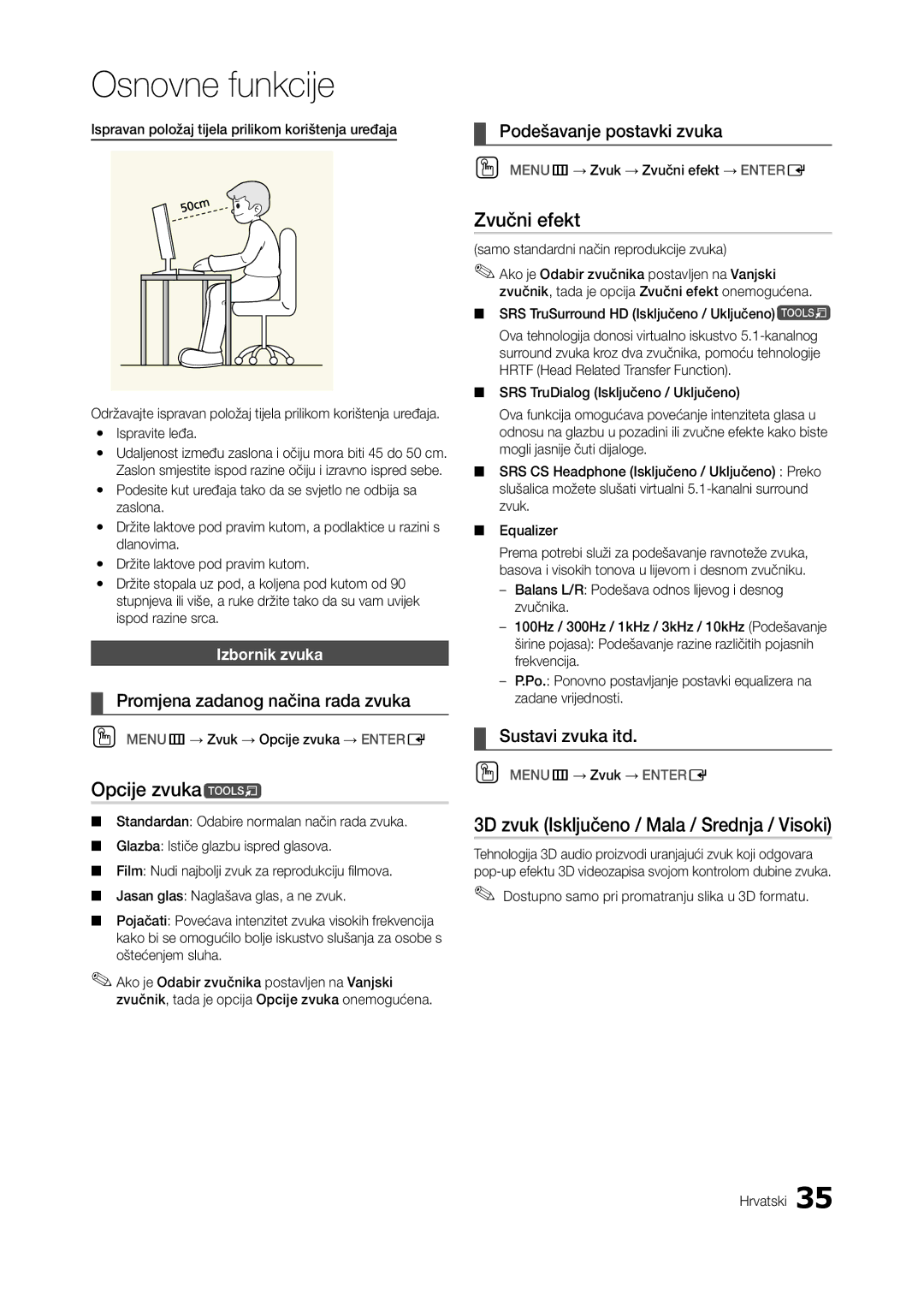 Samsung LT27B750EW/EN, LT27A750EX/EN manual Opcije zvukat, Zvučni efekt, 3D zvuk Isključeno / Mala / Srednja / Visoki 