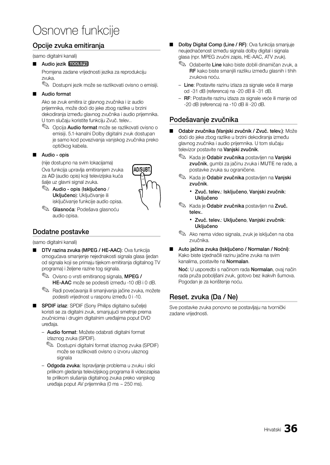 Samsung LT27A750EX/EN, LT23A750EX/EN Opcije zvuka emitiranja, Dodatne postavke, Podešavanje zvučnika, Reset. zvuka Da / Ne 