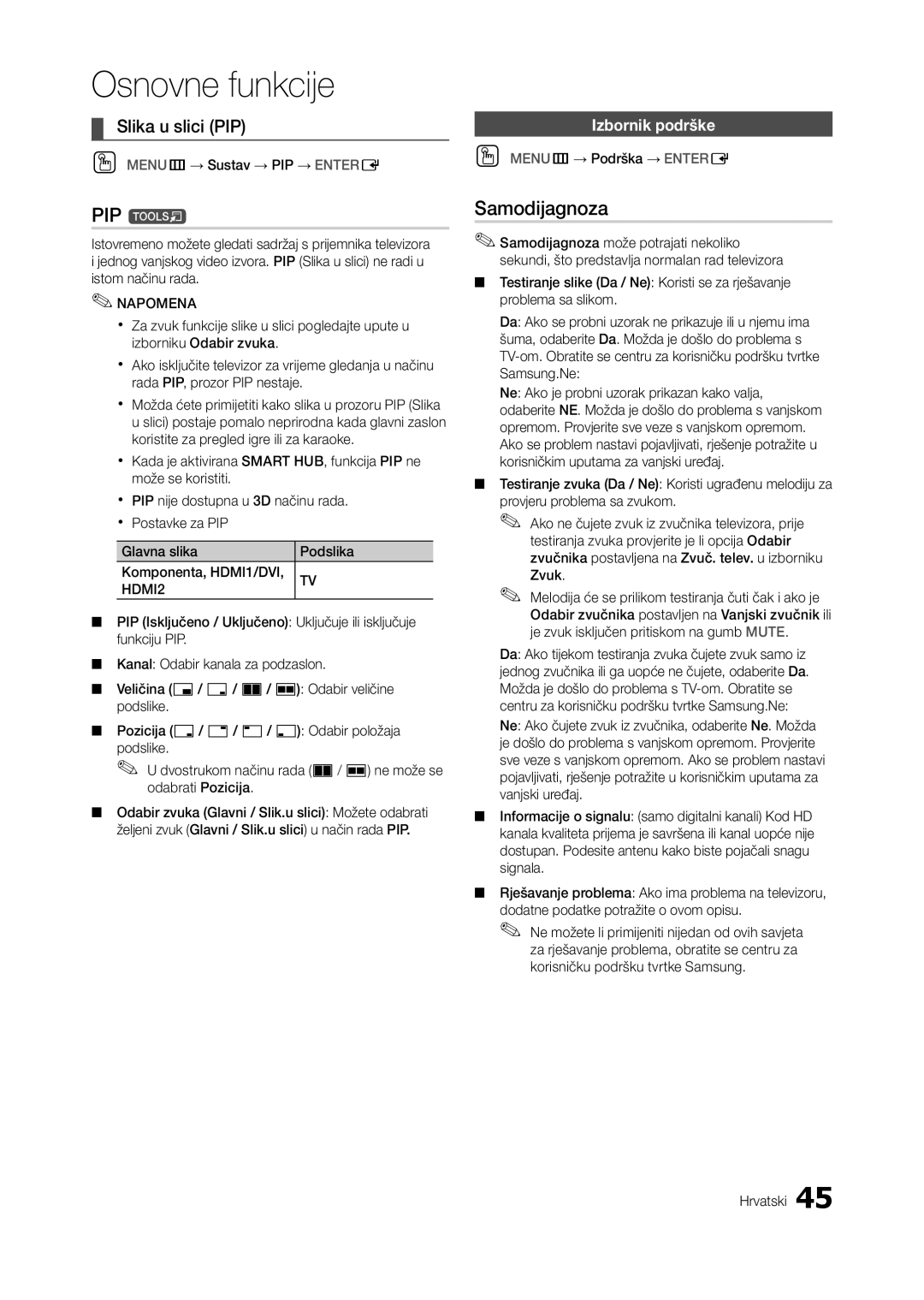 Samsung LT23A750EX/EN, LT27A750EX/EN, LT27A950EX/EN, LT27B750EW/EN PIP t, Samodijagnoza, Slika u slici PIP, Izbornik podrške 