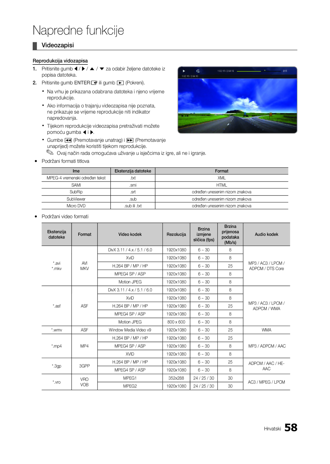 Samsung LT27A950EX/EN, LT27A750EX/EN, LT23A750EX/EN, LT27B750EW/EN manual Videozapisi, Ne i igranje, Yy Podržani video formati 