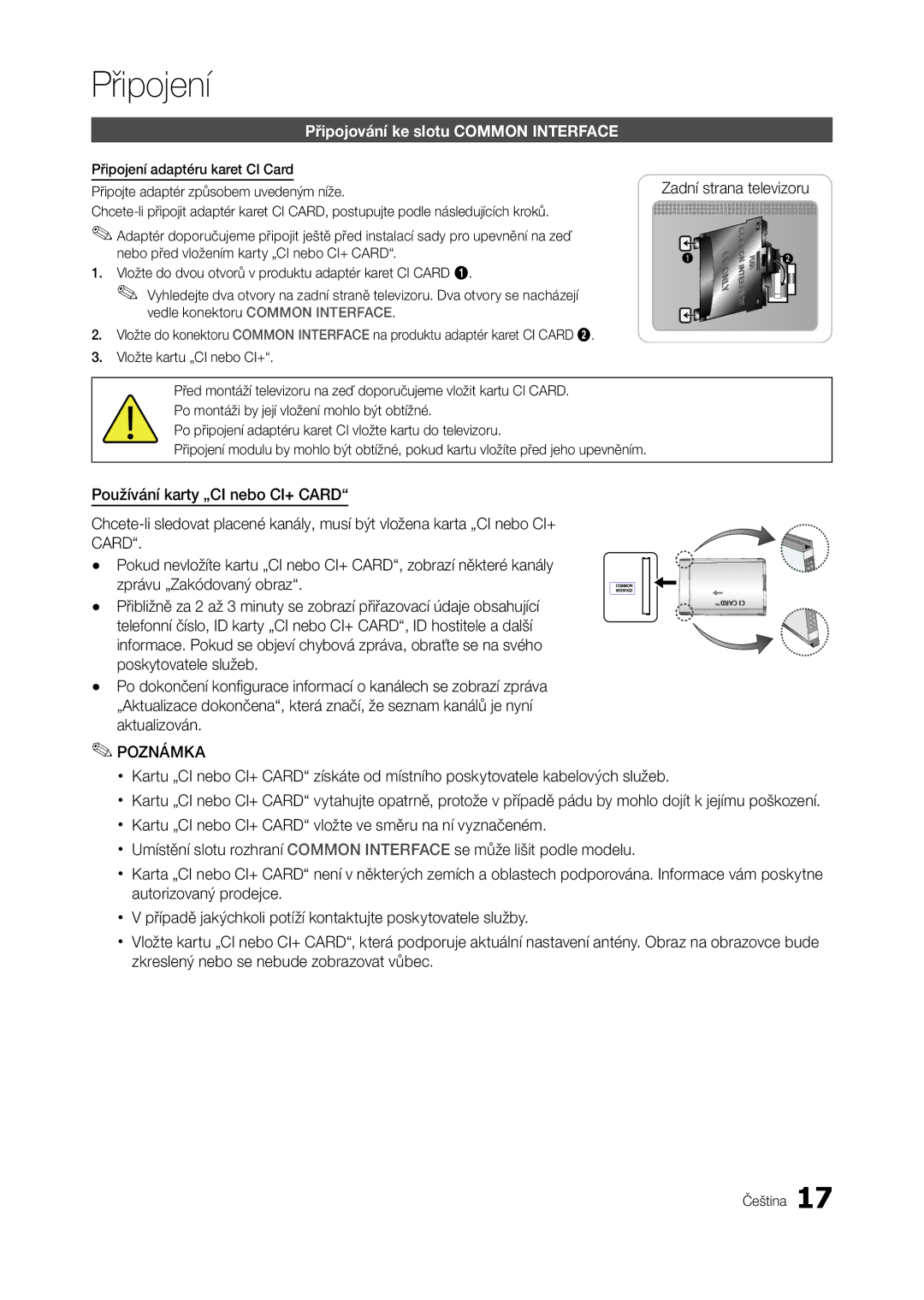 Samsung LT27A950EXL/EN, LT27A750EXL/EN, LT23A750EX/CI, LT27B750EWV/EN manual Připojování ke slotu Common Interface, Poznámka 