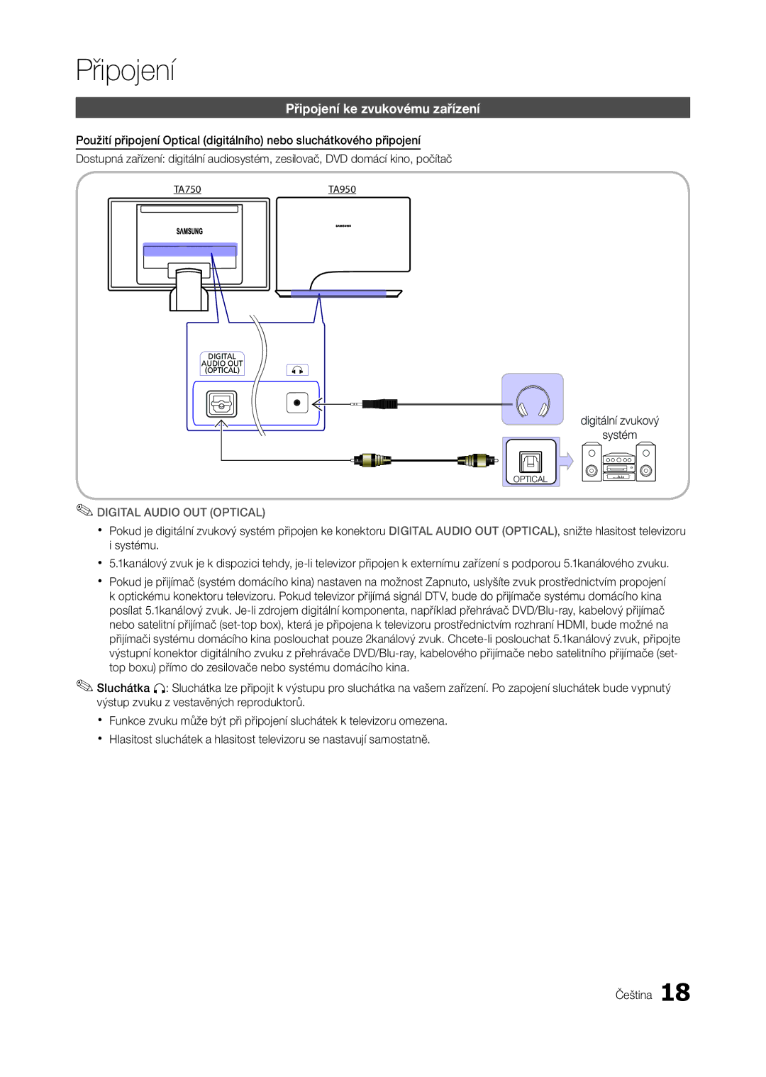 Samsung LT23A750EX/CI, LT27A750EXL/EN, LT27A950EXL/EN manual Připojení ke zvukovému zařízení, Digital Audio OUT Optical 