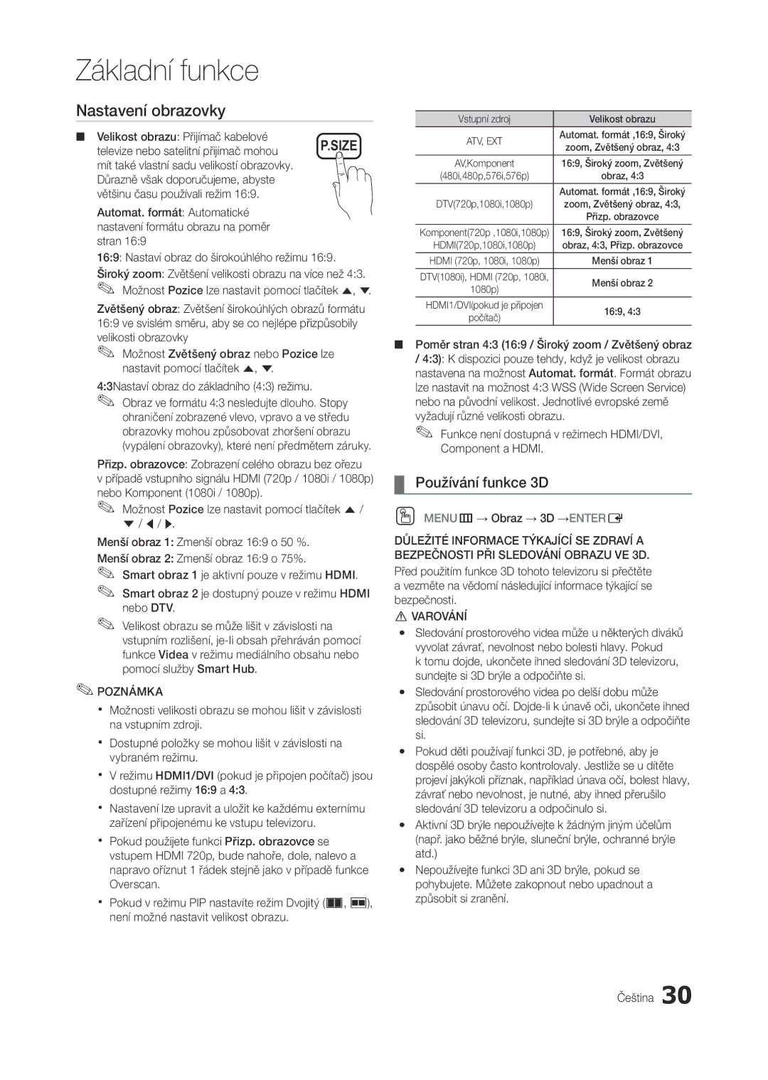 Samsung LT27A950EX/EN, LT27A750EXL/EN, LT27A950EXL/EN, LT23A750EX/CI, LT27B750EWV/EN Nastavení obrazovky, Používání funkce 3D 