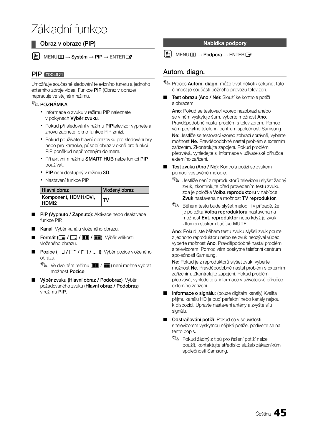 Samsung LT23A750EX/EN, LT27A750EXL/EN, LT27A950EXL/EN manual PIP t, Autom. diagn, Obraz v obraze PIP, Nabídka podpory 