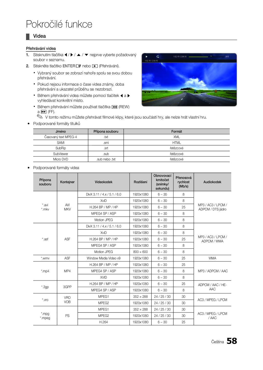 Samsung LT23A750EX/CI, LT27A750EXL/EN, LT27A950EXL/EN, LT27B750EWV/EN Videa, Soubor v seznamu, Yy Podporované formáty videa 