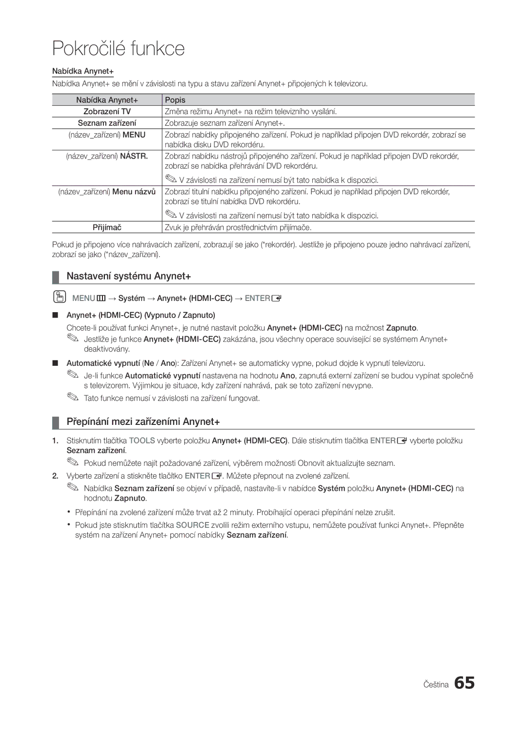 Samsung LT27A950EXL/EN, LT27A750EXL/EN, LT23A750EX/CI manual Nastavení systému Anynet+, Přepínání mezi zařízeními Anynet+ 