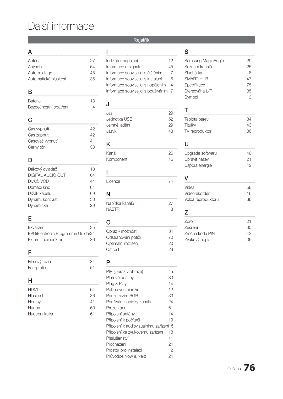 Samsung LT27A750EX/EN, LT27A750EXL/EN manual Externí reproduktor Filmový režim Fotografie, EPGElectronic Programme Guide24 