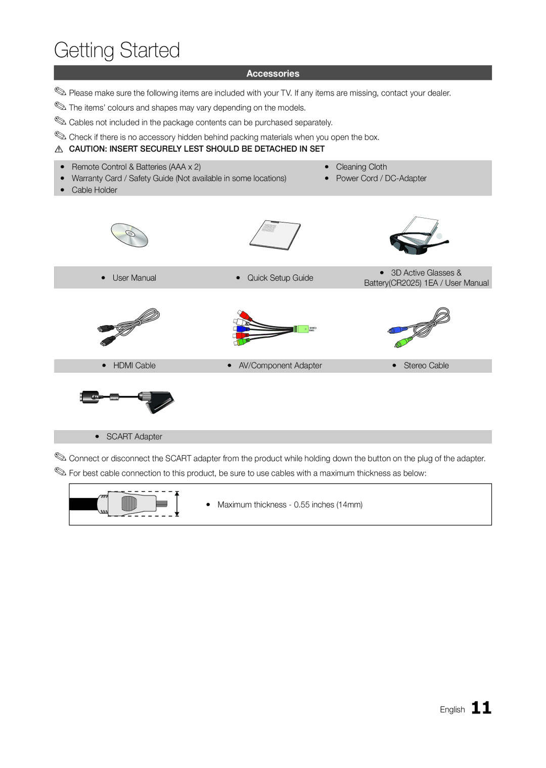 Samsung LT27A950EX/XE manual Accessories, Yy Scart Adapter, Yy Maximum thickness 0.55 inches 14mm English, Yy Stereo Cable 