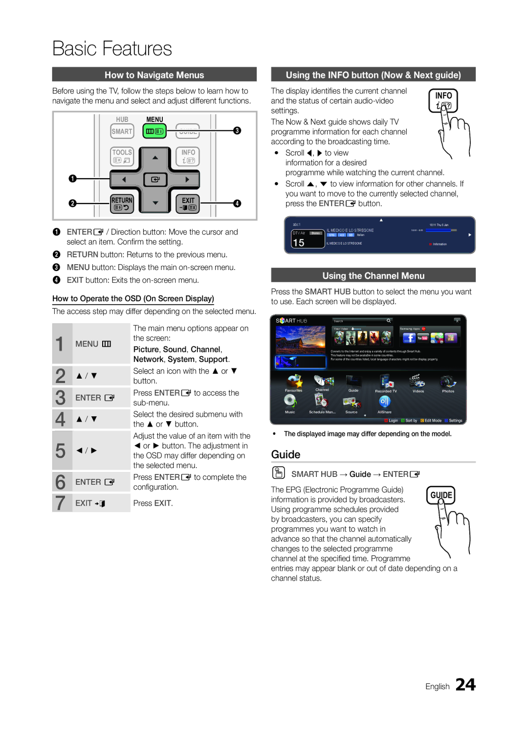 Samsung LT23A750EX/EN manual Guide, How to Navigate Menus, Using the Info button Now & Next guide, Using the Channel Menu 